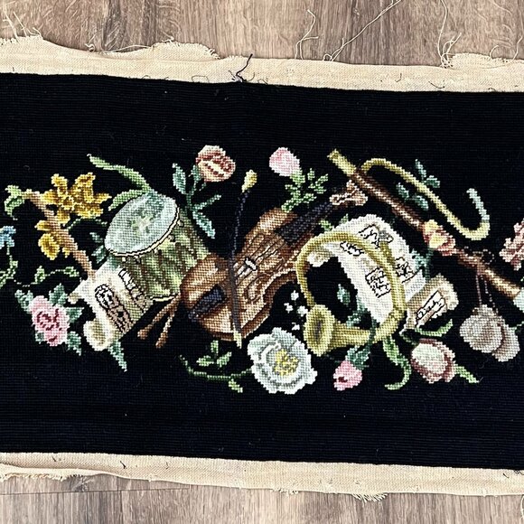 Antique Needlepoint Art Musical Floral Theme Large Hand Made